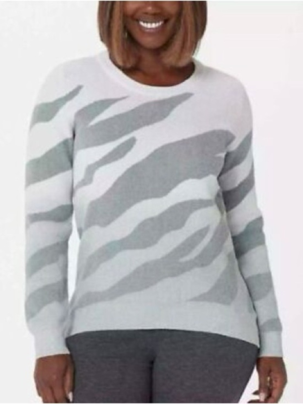 BAREFOOT DREAMS Cozychic Ultra Lite Ocean Reef Sweater in Gray White Blue M